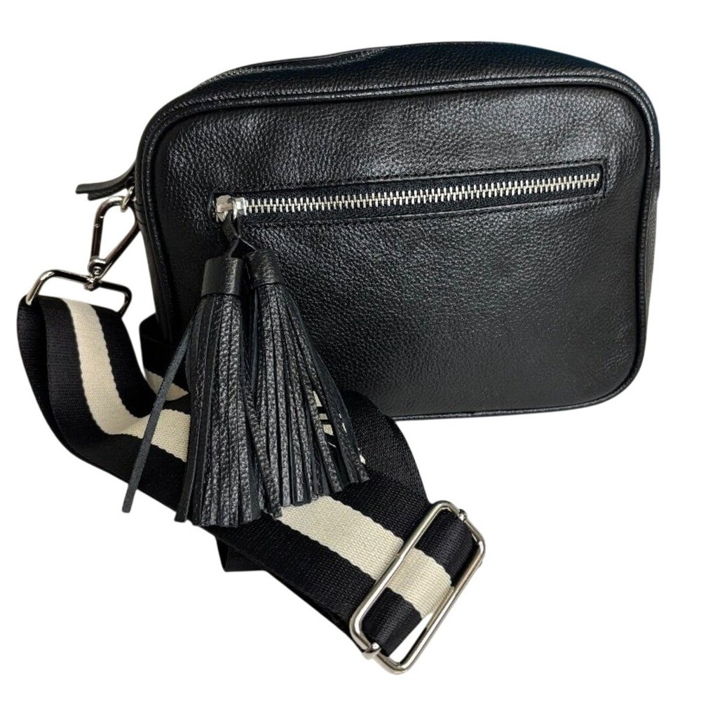 JJill Tassled Leather Camera Bag Crossbody Purse Brown Black Guitar Strap
